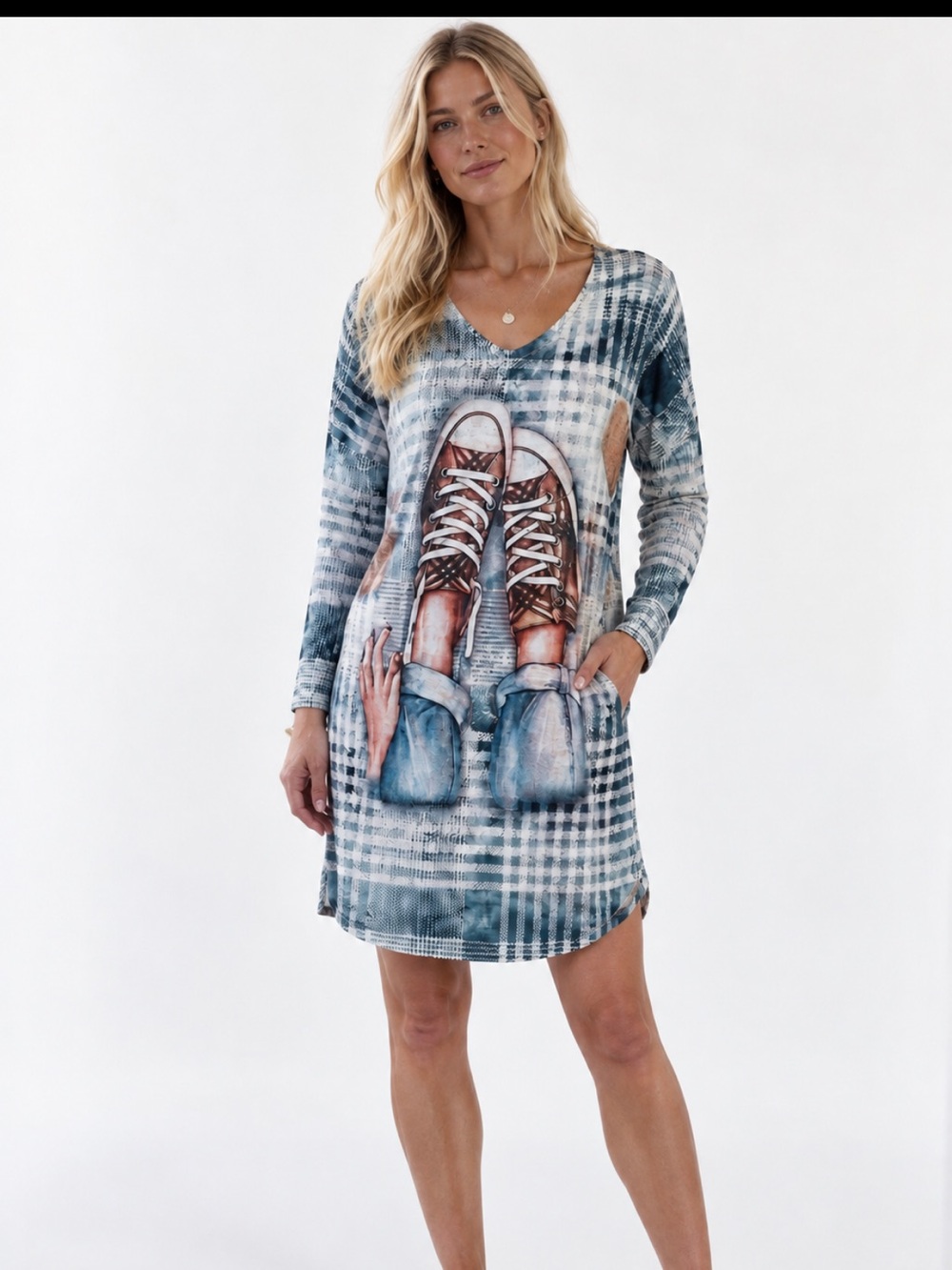 LUCKY NANA. Plaid Graphic Long Sleeve dress